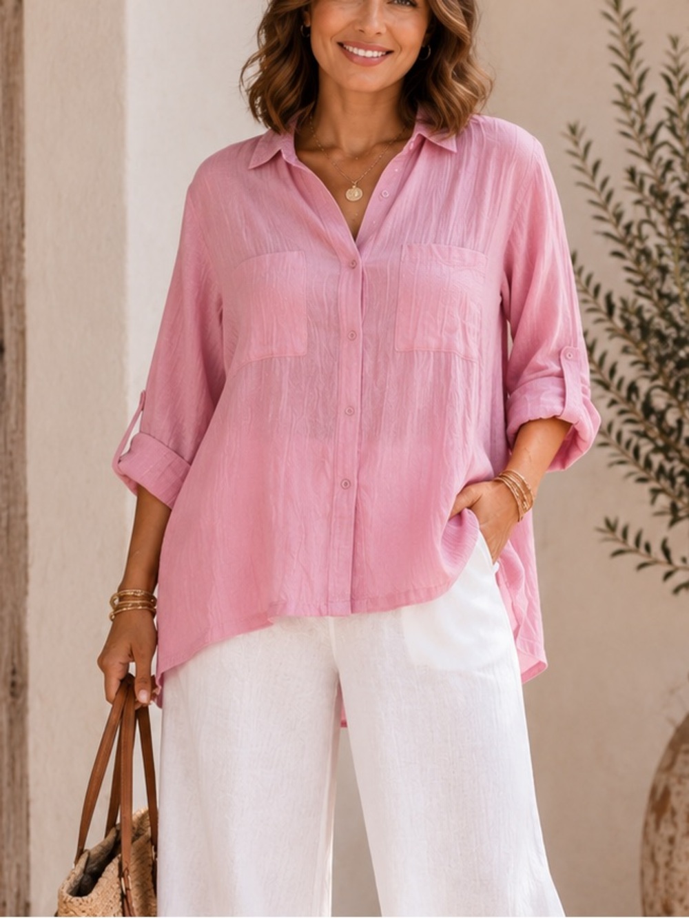 Pink Button Up Tunic Shirt XXL NEW Roll Tab Sharkbite Lagenlook Resort Chic